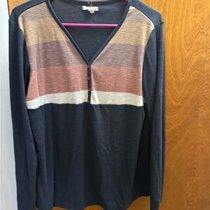 Maurices Navy Long Sleeve Henley with Striped Chest in Peach, Mauve, Cream